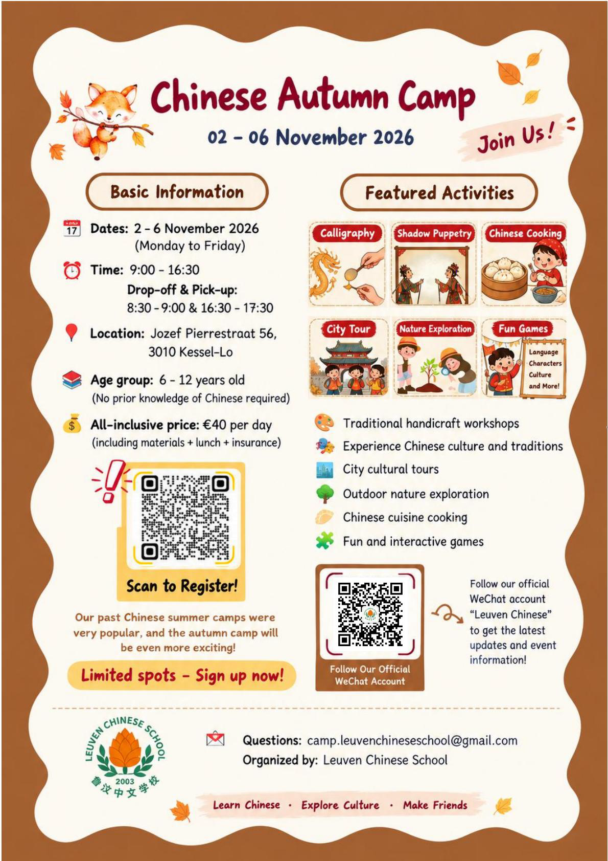 Chinese Autumn Camp poster: 2 to 6 November 2026, for children aged 6 and above
