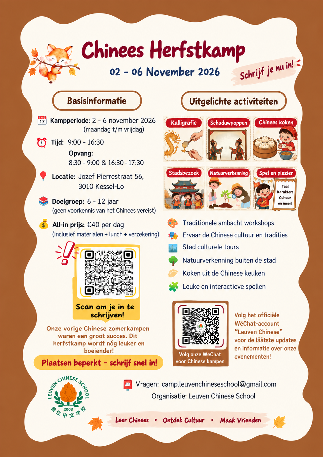 Poster voor het Chinese herfstkamp: 2 tot en met 6 november 2026, voor kinderen vanaf 6 jaar